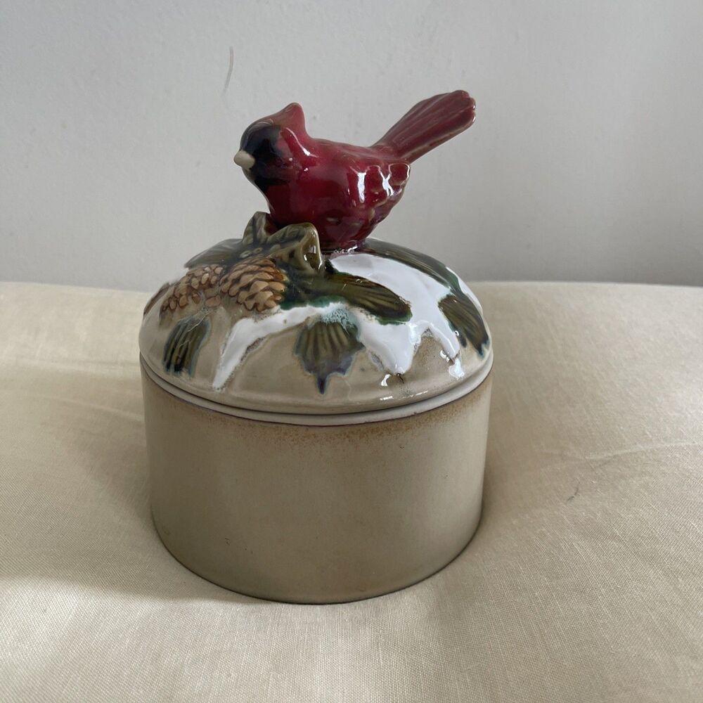 Vintage 1980s rustic stoneware cookie jar and lid, cardinal, snow, pine cones